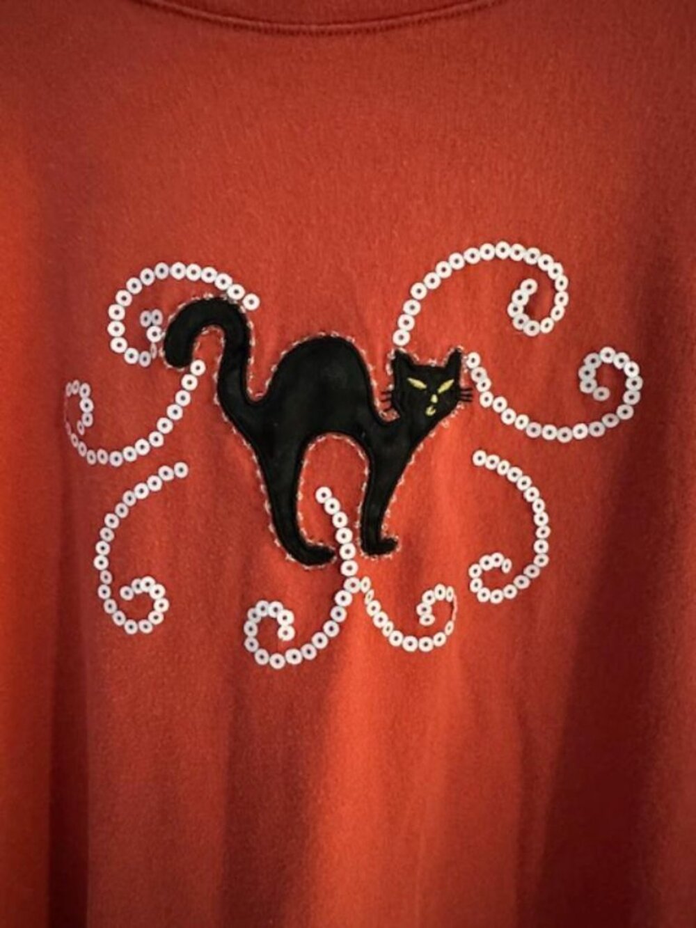 Catherines Halloween Top 2X Sequin Beaded Black Cat 3/4 Sleeve Fall Shirt